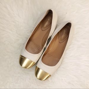 Calvin Klein Off-White Leather Flats with Gold Toe